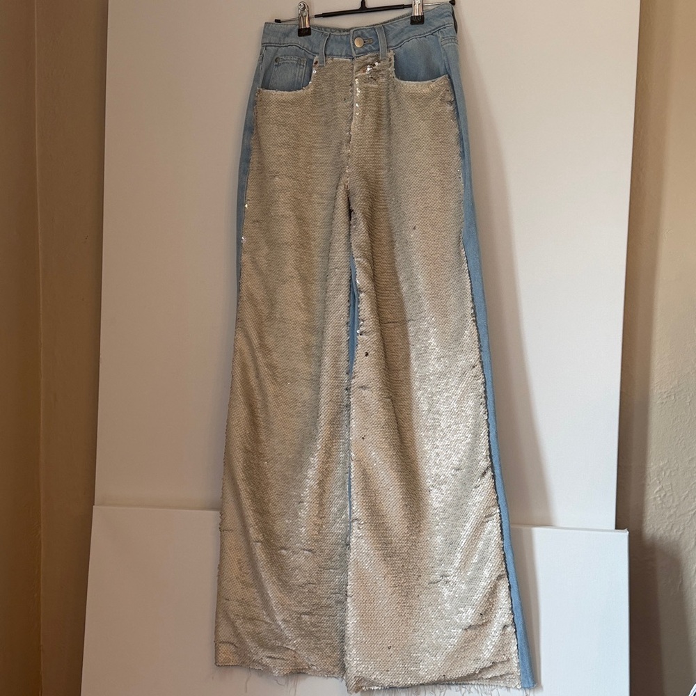 Pilcro Sequin High-Rise Wide-Leg Skater Jeans Sz 25